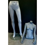 A two section Hans Boodt shop display mannequin, separates as female torso and legs, with base