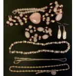 A Rose quartz, cultured pearl and amethyst beaded heart pendant necklace and bracelet suite; pair of