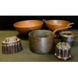 A Victorian copper jelly/blancmange mould, impressed marks, another; pan etc (6)