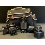 A Canon EF 35mm SLR camera body, serial No 422152, 50mm, 28-200mm zoom lens, televerters etc