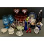 Glass - Coloured glass including; six Cranberry twist stemmed wine glasses; set of four Portuguese