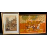 A batik panel, Village Scene, signed, 45cm x 53cm ; Paul M***N, The Warwich Leicester Hospital,