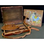 A mahogany Artist box, fitted interior with mixing panels, leather straps, 44cm x 36cm