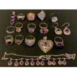 A 925 silver amethyst cabochon dress ring; others pale pink, pale purple, etc; earrings, heart