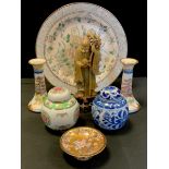 Oriental - Carved soapstone figure of elder, miniature gilt comport dish, pair of Noritake