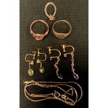 A 9ct rose gold rope twist ring, 3.3g; 9ct gold signet ring; 9ct gold mounted earrings, necklace