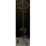 An early 20th century bentwood hall coat stand, 205cm high x 71cm wide.
