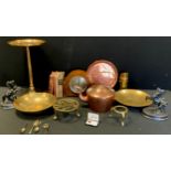 Boxes and objects - Brass plant stand, copper kettle, tea pot stand, Chinese brass bowls with etched