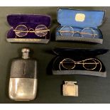 A silver plated hip flask, slip cup base, three pairs of spectacles; sterling silver pocket