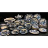 Booths 'Real Old Willow' pattern table ware including; six dinner plates, six smaller, tea pot, milk