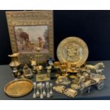 Brass & Metalware - Miner figures, lamp lighter, plaques, Horse, etc