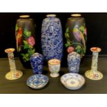 Minton ceramics including a pair of large urns, black ground, stylized with colourful birds,33cm