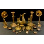A pair of brass piano or wall mounting candle sconces, cast arms, pair of candle sticks etc