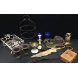 Boxes and objects - a handcrafted cigar box, mounted in brass; pair of miniature cast iron urns,