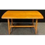 An Ercol, ‘Blonde’ Elm, mid century trestle dining table, rounded rectangular top, 74cm high x 137cm
