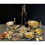 Brass and Plated ware - Brass jam pan, fireside, dishes, pots; Plated pierced dishes, flatware