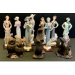 A set of eight Capodimonte figures, Elegance Girls; three bronze coloured animals