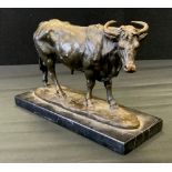 A Bronze model of a bull, signed ‘Milo’, black marble base, 20th century, 26.5cm long, 18cm high