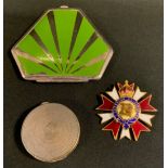 An enamelled Order of the Primrose League medal, cased; Guilloche enamelled powder compact,