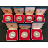 Coins - seven Royal Mint 1977 silver jubilee proof crowns, each cast in sterling 925 silver, cased