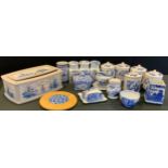 Blue and white - five large blue and white kitchen jars, large Spode cup, butter dish, ceramic