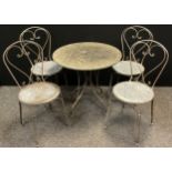 A marble-top garden bistro table, and set of four conforming metal chairs, the table measuring 71.