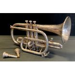 A Higham Soloist Class A silver plated Cornet, serial no 80356, cased with Reynolds mouth piece etc