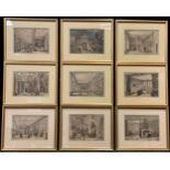 A set of nine 19th century lithographic prints, later hand-tinted - Haddon Hall - Long Gallery,