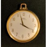An Oris gold plated At Deco cased pocket watch, silvered dial, Arabic Numerals, centre seconds, stem