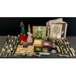 Boxes and Objects - Various canteen flatware, Victorian glass, cranberry bowl, 1930's music