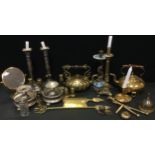 Brass - Brass kettles, candlesticks, chamberlain stick, bell, snuff box; etc