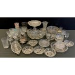Glass - A quantity of pressed glass including cake stand, vase, plates; etc