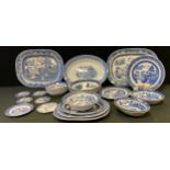 Blue and white - Graduated meat dishes, Johnson and Bros Willow pattern tableware including three