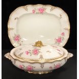 A Royal Crown Derby Pinxton Roses pattern oval tureen and cover, 32cm wide, second quality; a