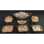 A Royal Crown Derby Imari 2451 lozenge shaped dish, printed mark, year cypher for 1914; a pair of