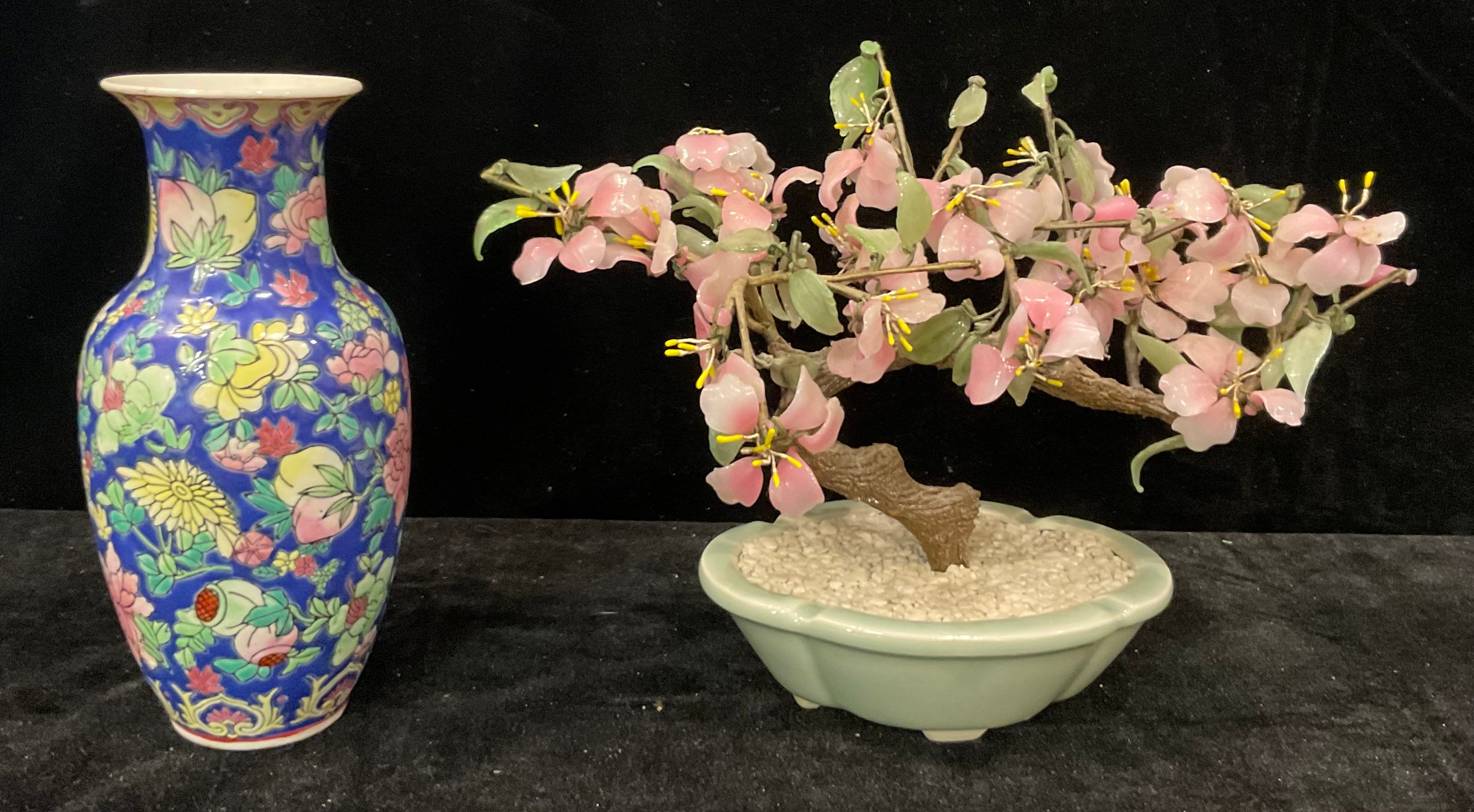 A Chinese hardstone bonsai, mounted in shaped oval celadon dish; a Chinese ovoid vase (2)