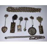 A collection of silver lockets and pendants; silver neck chains, 114g gross