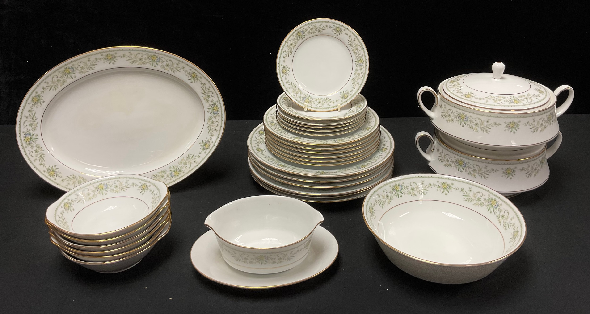 A Noritake Green Hill pattern dinner service, comprising a pair of vegetable dishes and covers,