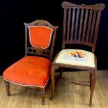 A late Victorian mahogany and marquetry low drawing room chair, 75cm high, 45cm wide, the seat