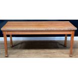An oak rectangular refectory kitchen table, oversailing top, tapered square legs, 79cm high, 179cm