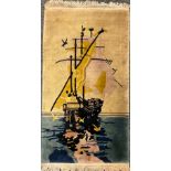 A mid 20th century rectangular woollen rug or carpet, stylised galleon, 147cm x 76cm