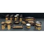 A set of six Denby Arabesque pattern tall coffee mugs, three oval plates, butter dish, preserve pot,