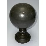 A Chinese paktong pewter spherical pedestal globe caddy, hinged cover, interior cannister with