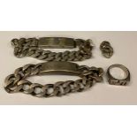 A silver identity bracelet, marked 925, 79g; another, marked 925, spare links, broken, 82g; an