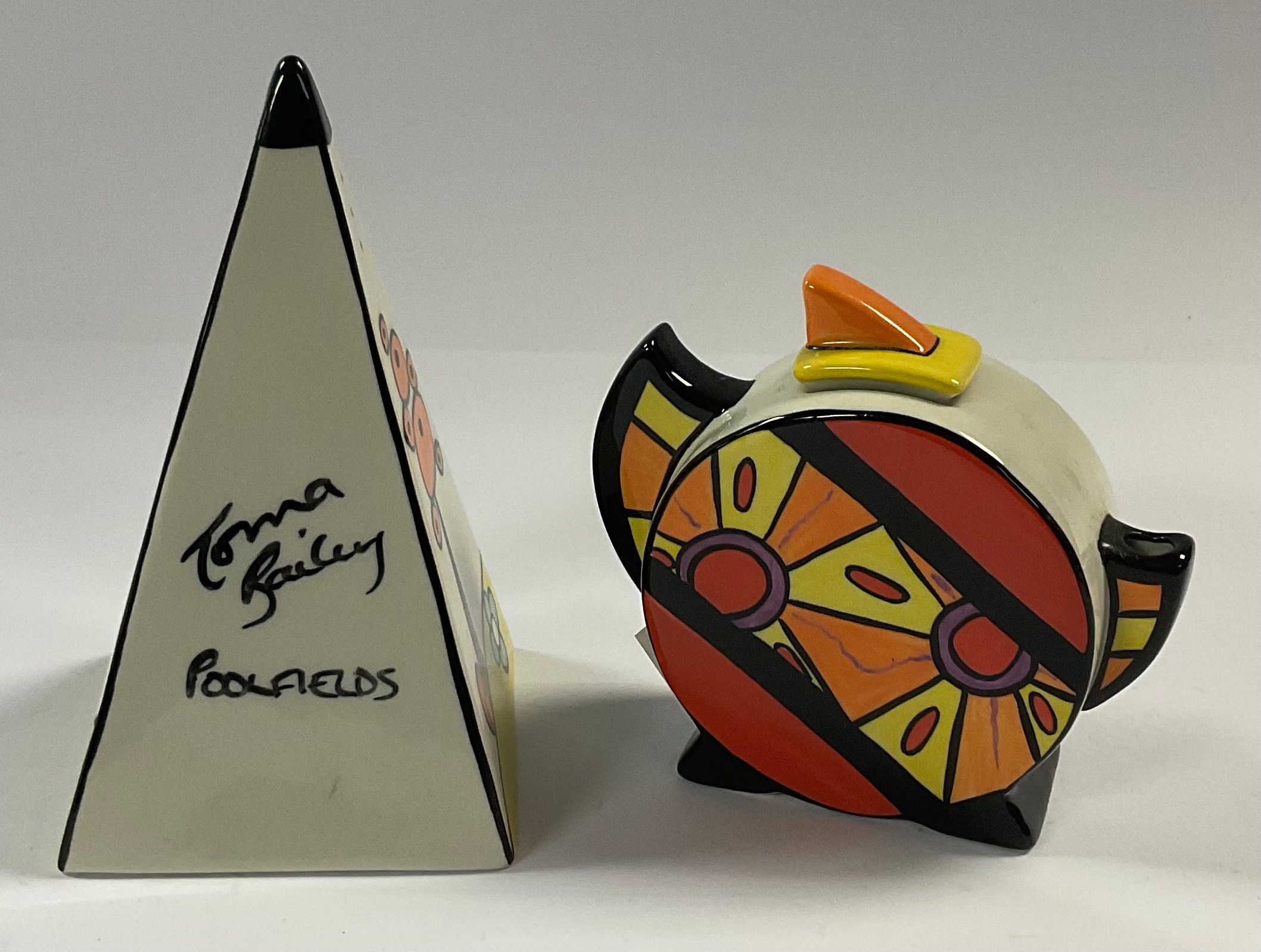 A Lorna Bailey pyramid sugar caster, Poolfields, Old Ellgreabe Pottery, 13cm; a Lorna Bailey Art - Image 2 of 2