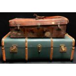A steamer trunk, with assorted Cunard Line stickers; a brown leather case (2)