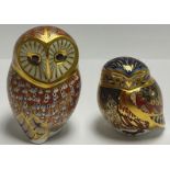 A Royal Crown Derby paperweight, Barn Owl, gold stopper, 11.5cm; another, Small Owl, gold stopper (