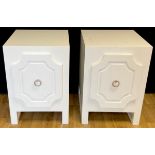 A pair of contemporary bedside cabinets, in high gloss white, 65cm high, 45cm wide, 47cm deep