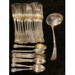A set of fourteen silver plated kings pattern table forks; a set of ten kings pattern dessert