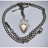 A silver double Albert chain with silver fob, 38cm long